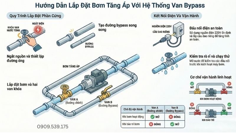 Hướng dẫn lắp đặt bơm tăng áp với hệ thống van Bypass.
