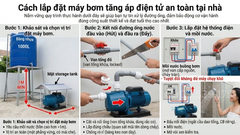 Cách lắp đặt máy bơm tăng áp điện tử an toàn tại nhà